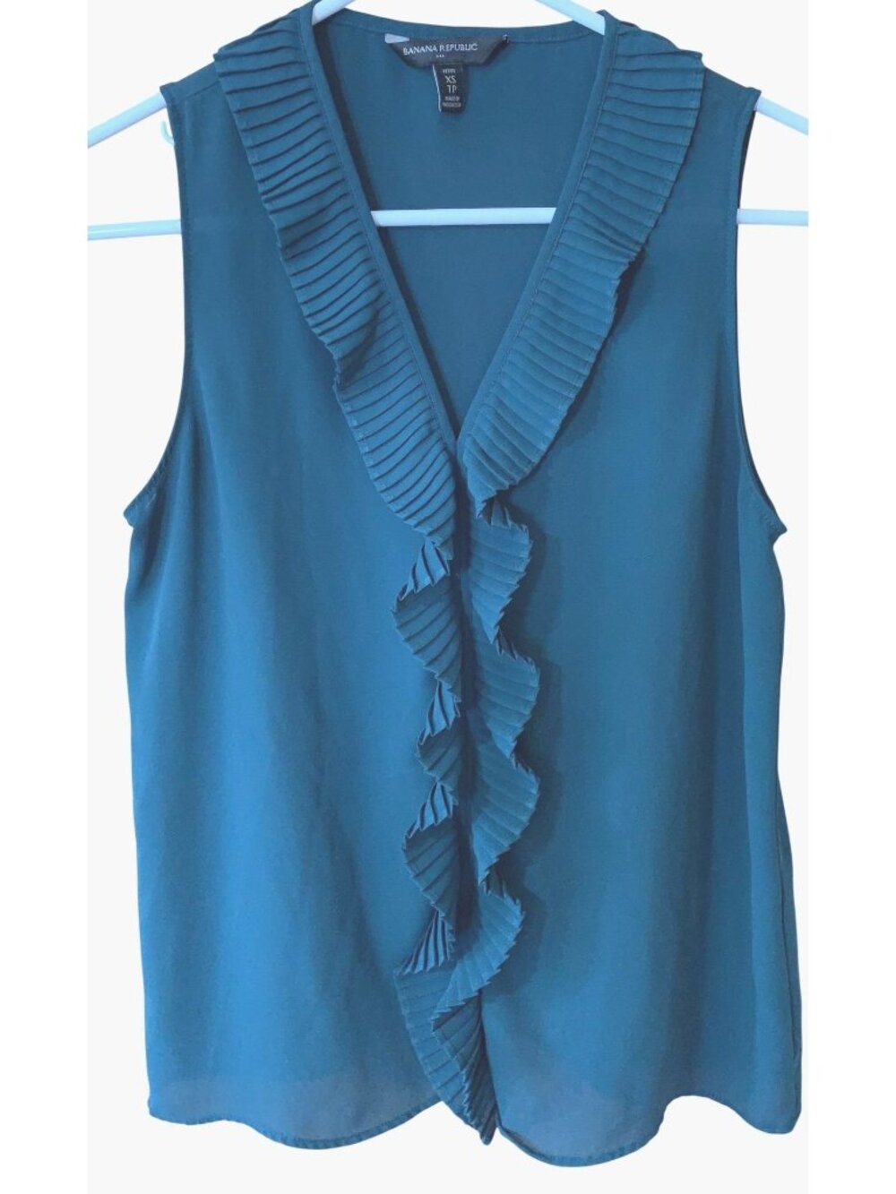 Banana Republic XS Petite Teal Green Ruffle Blouse Sleeveless Romantic Twee